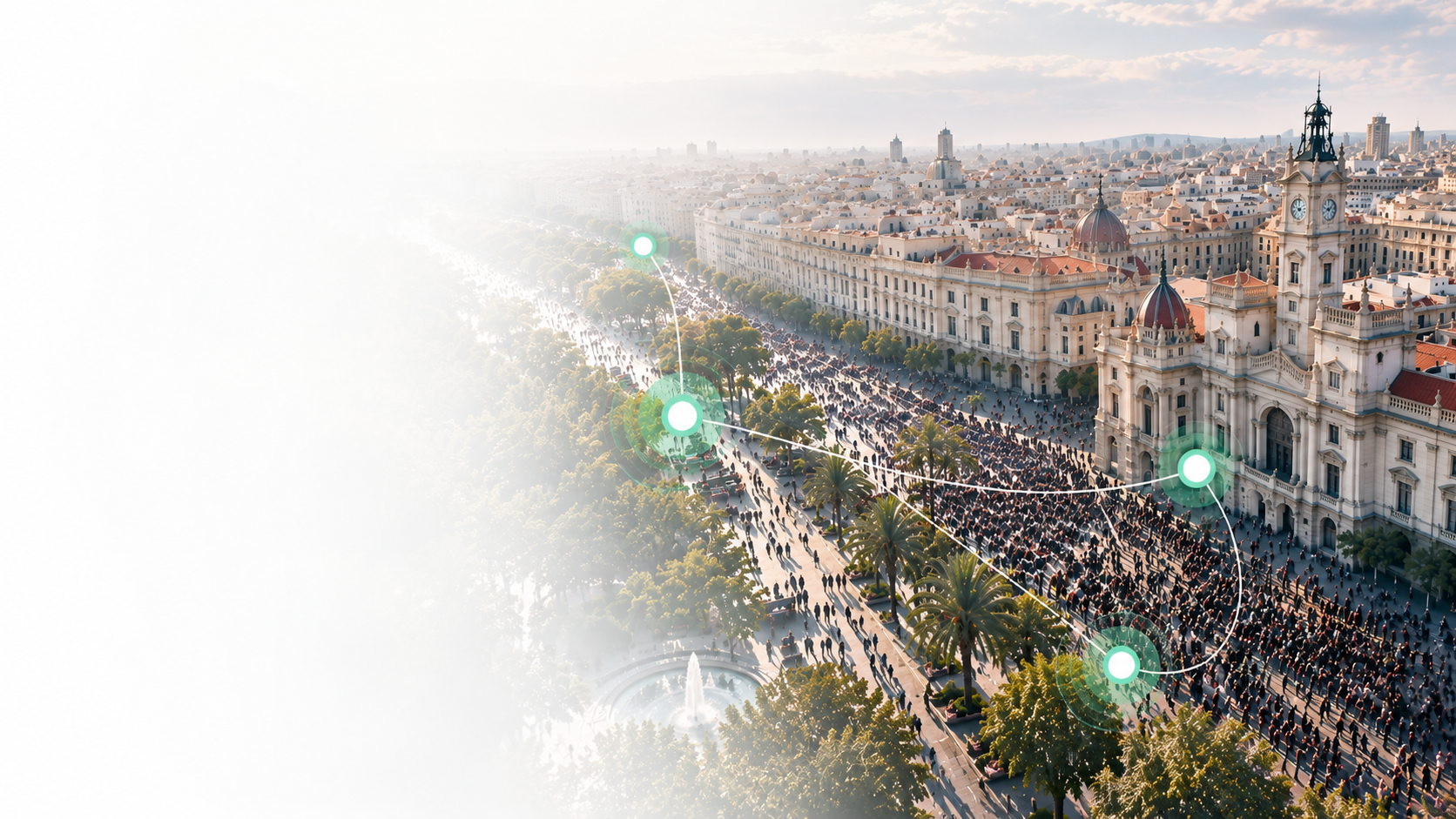 Illustration of a LiDAR node emitting a point cloud in front of the València skyline