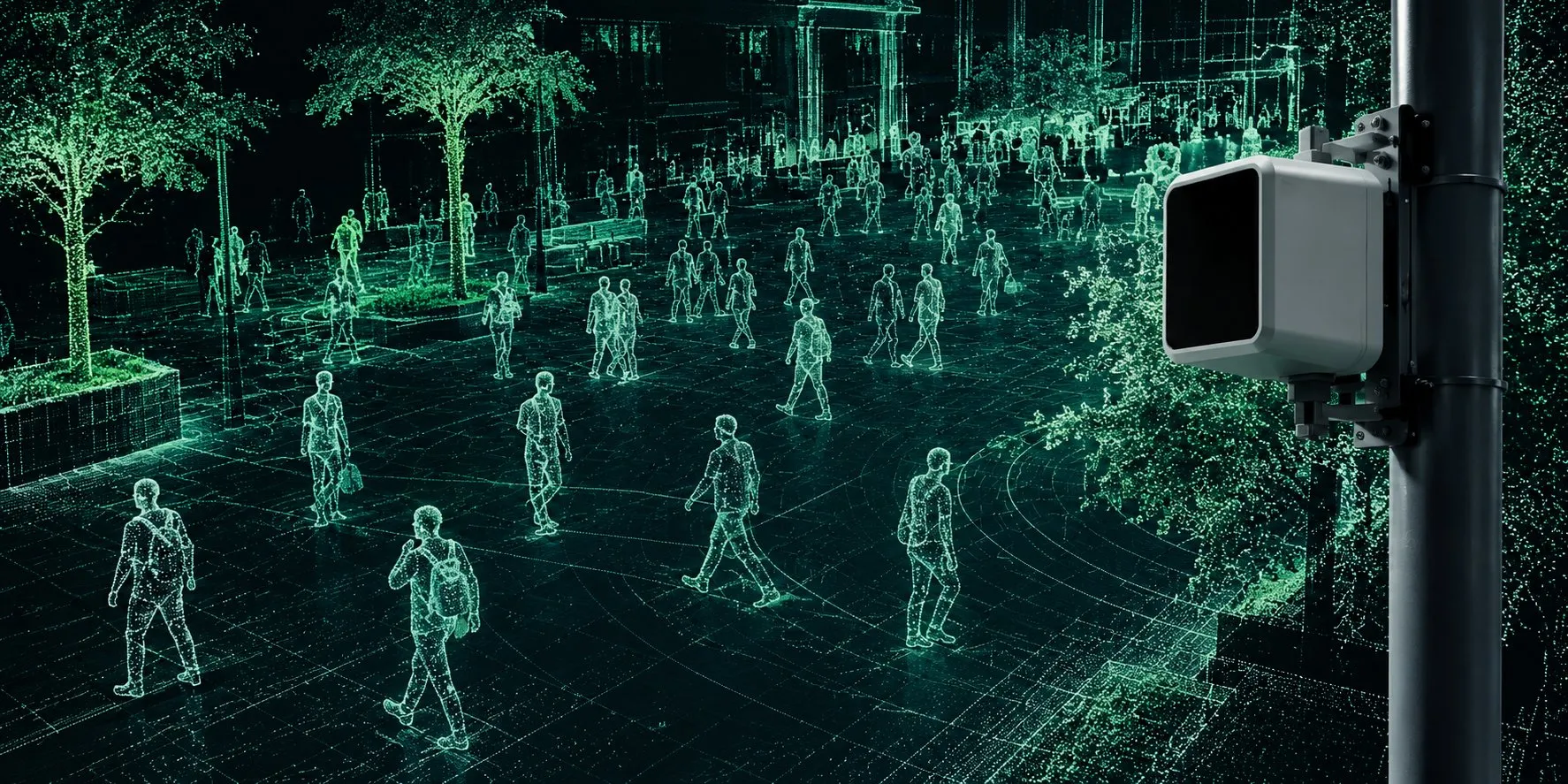 Nube de puntos de una plaza vista por un sensor LiDAR montado en un poste: las personas aparecen como siluetas de puntos, sin rasgos reconocibles